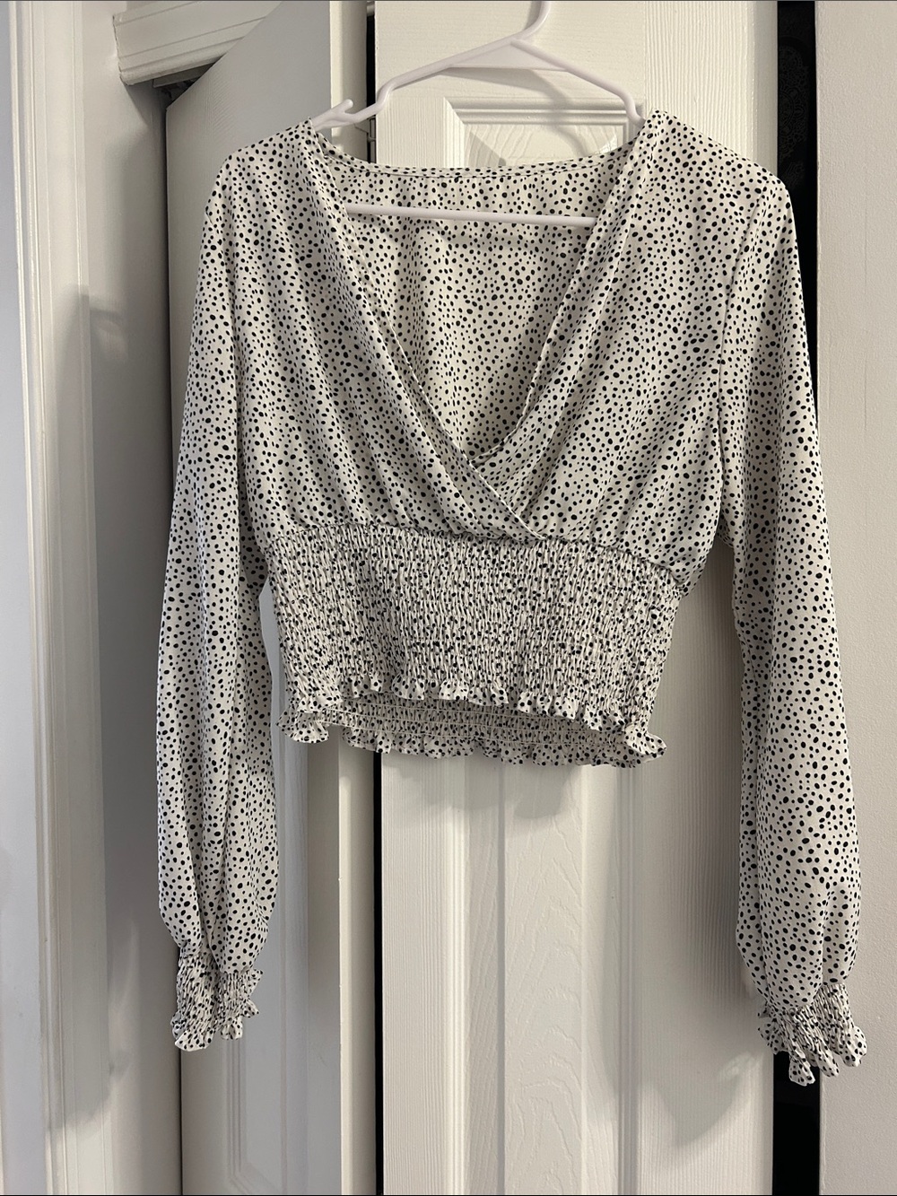 Smocked Wrap-Front Long Sleeve Top - White with Black Dot